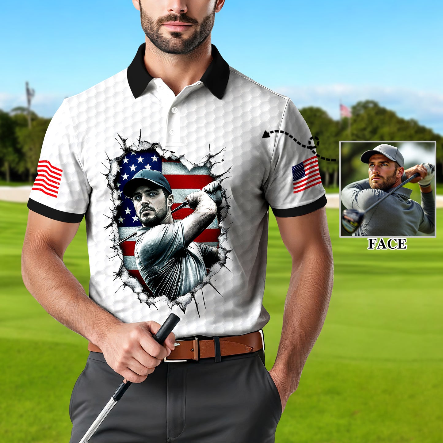 HomyGifts Men's Customized Face Artistic Golf Polo Shirt, Personalized American Flag Design, Unique Gift for Patriotic Golfers Style 10