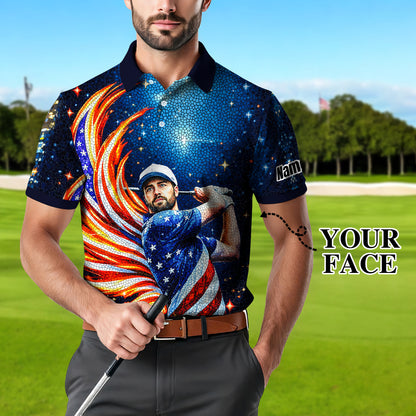 Custom Face Patriotic Golf Polo Shirt – Personalized USA Flag Design – American Pride Gift for Him – Mosaic Art Golf Shirt Style 7