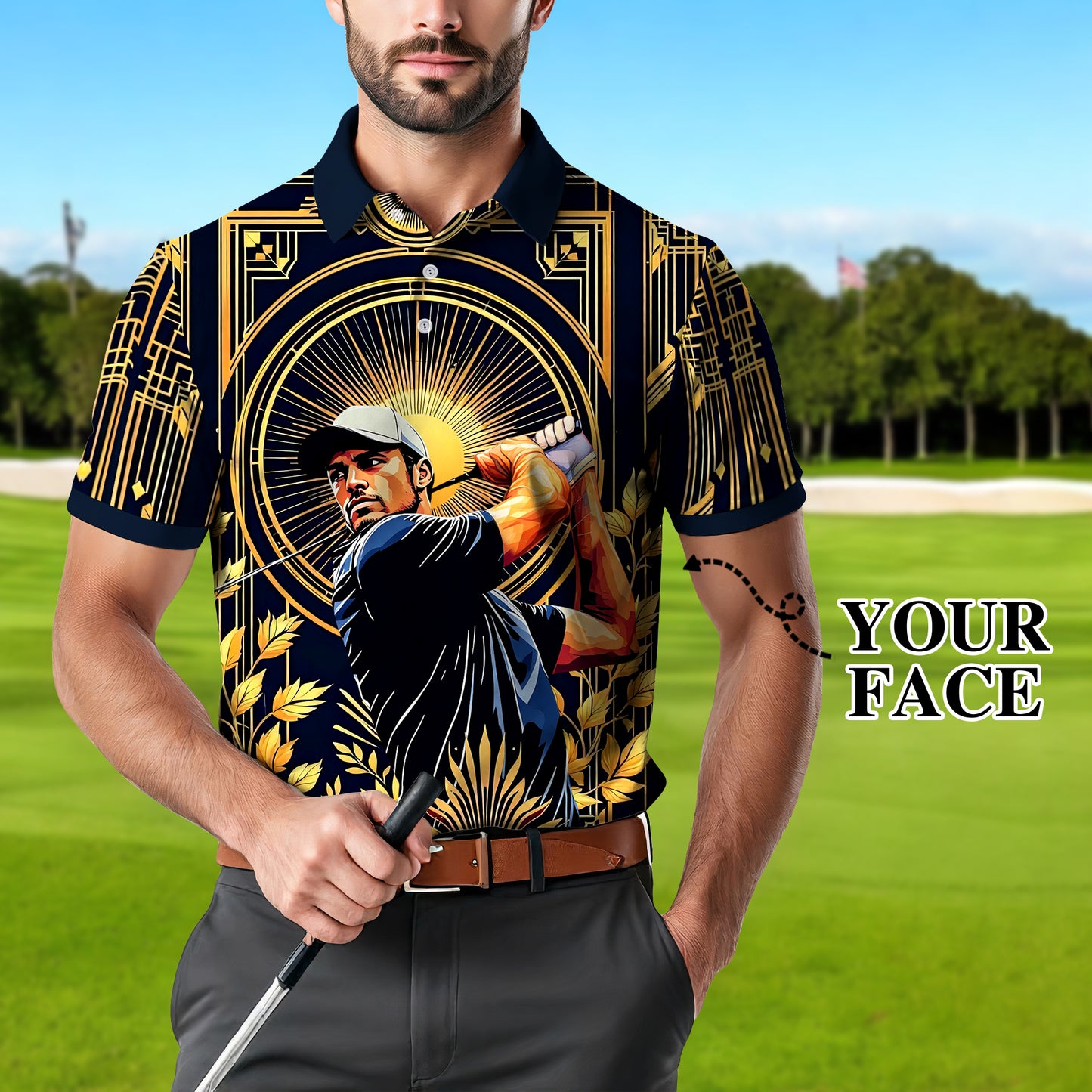 Custom Face Golf Polo Shirt – Swing in Gold Art Deco Revival Style | Personalized Golf Shirt for Men Style 6