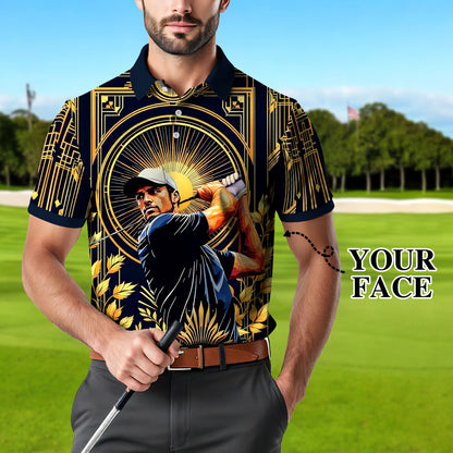 Custom Face Golf Polo Shirt – Swing in Gold Art Deco Revival Style | Personalized Golf Shirt for Men Style 6