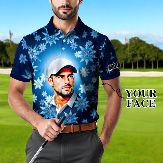 Custom Face Golf Polo Shirt – Personalized Christmas Golf Shirt for Him, Unique Holiday Gift for Golfer, Snowflake Design Golf Apparel Style 9