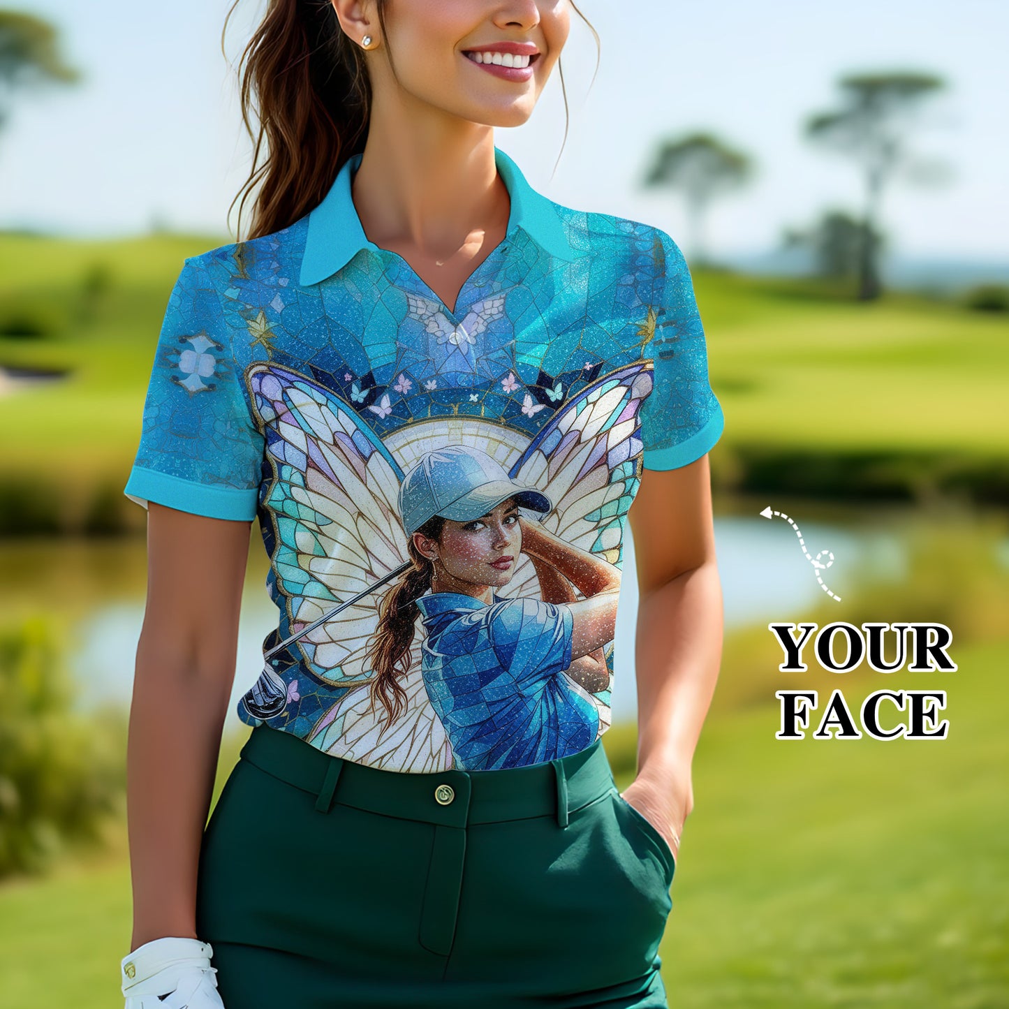 Custom Face Women’s Golf Polo Shirt – Spring Butterfly Mirage Art | Personalized Floral Fantasy Sports Shirt for Golfers Style 8