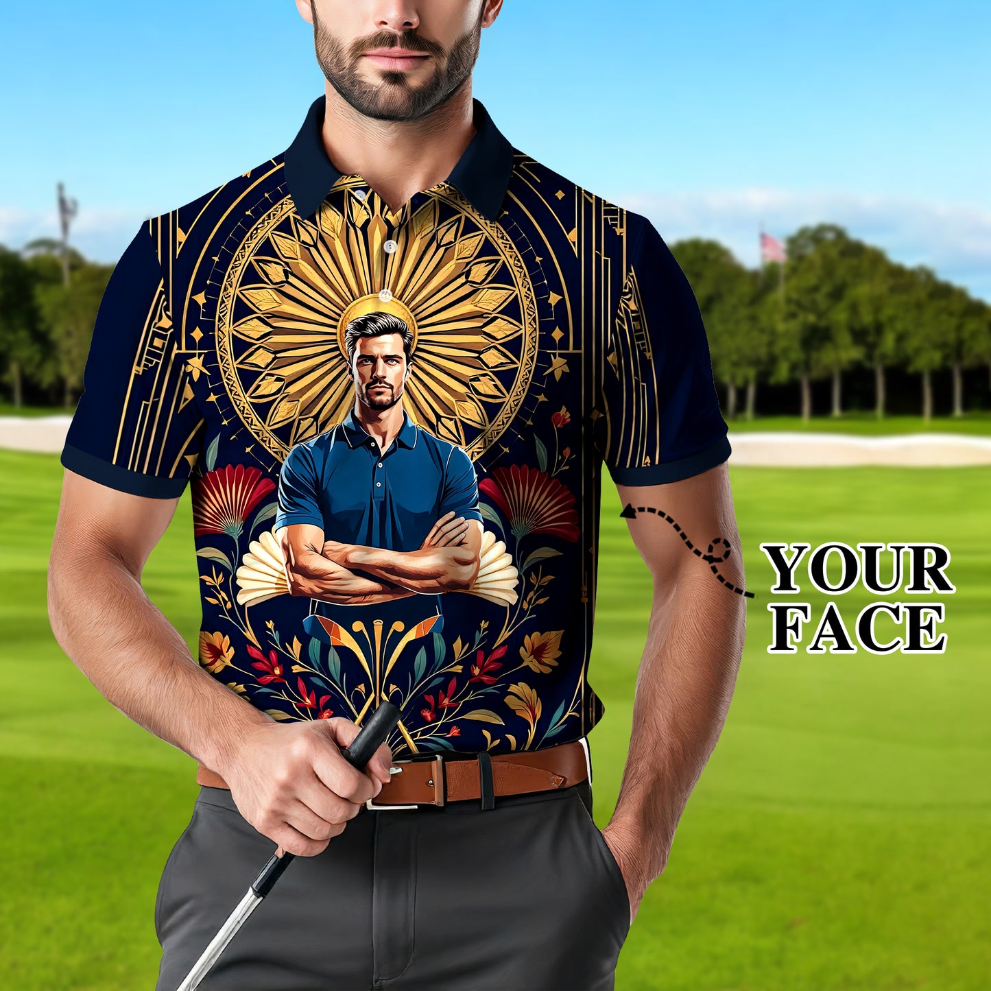Custom Face Golf Polo Shirt – Swing in Gold Art Deco Revival Style | Personalized Golf Shirt for Men Style 2