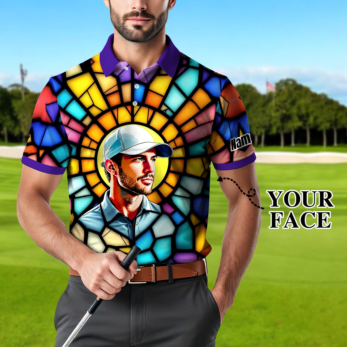Custom Face Golf Polo Shirt – Personalized Stained Glass Art Shirt, Unique Golf Gift for Him, Colorful Abstract Golf Polo, Custom Sportswear