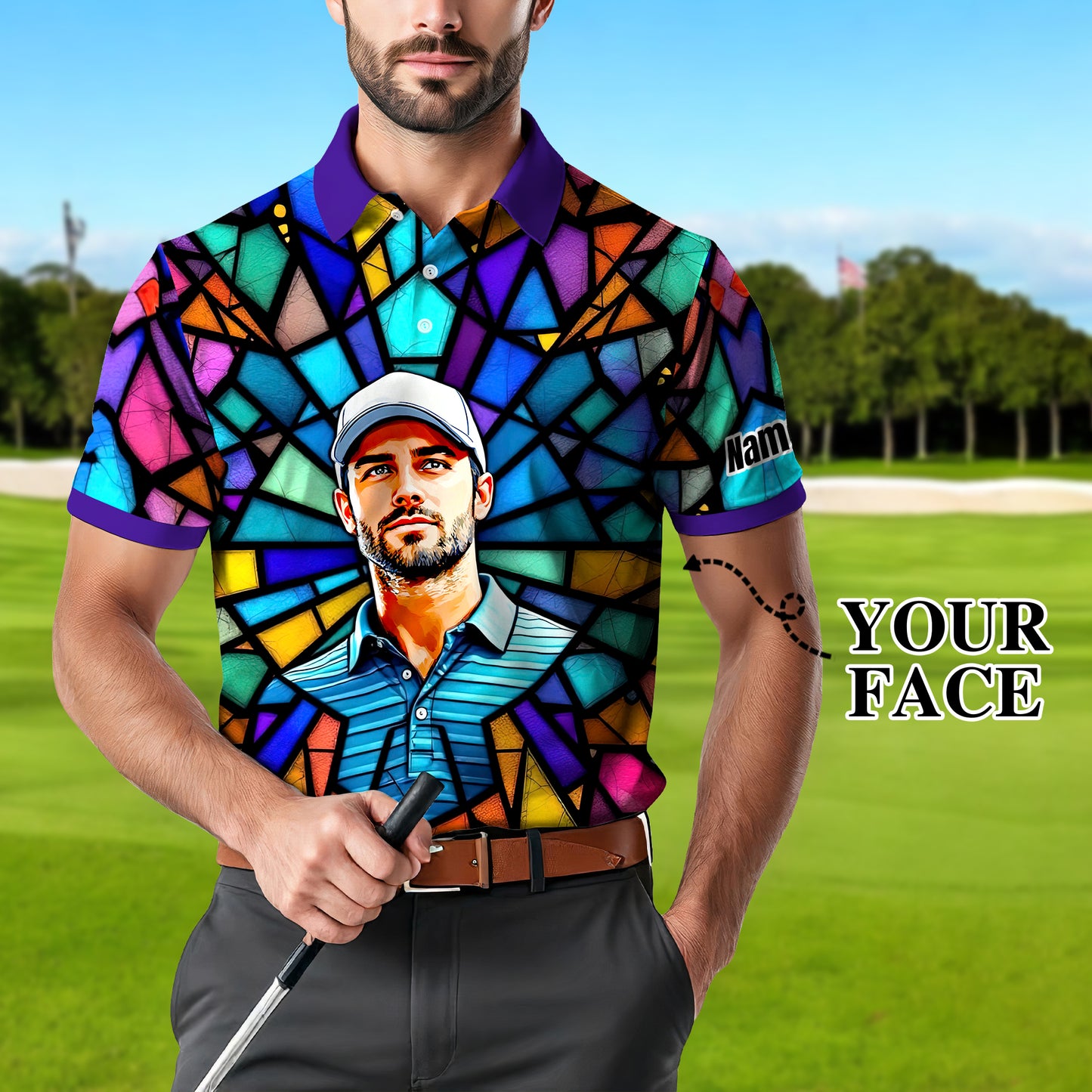 Custom Face Golf Polo Shirt – Personalized Stained Glass Art Shirt, Unique Golf Gift for Him, Colorful Abstract Golf Polo, Custom Sportswear