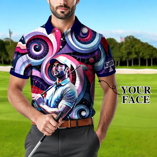 Men's Custom Face Artistic Golf Polo Shirt, Mosaic Art Style, Unique Personalized Golf Polo For Men