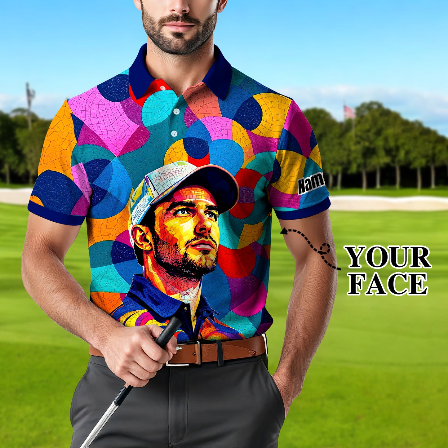 Personalized Mosaic Portrait Polo — Custom Face Mosaic Art Style Shirt Style 17