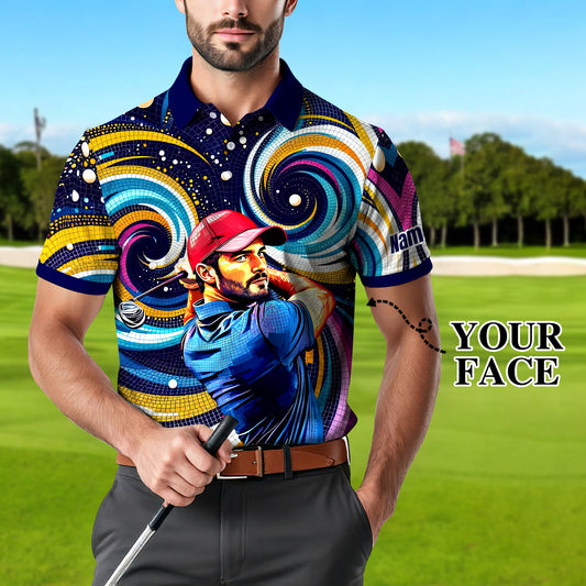 Men's Custom Face Artistic Golf Polo Shirt, Mosaic Art Style, Unique Personalized Golf Polo For Men