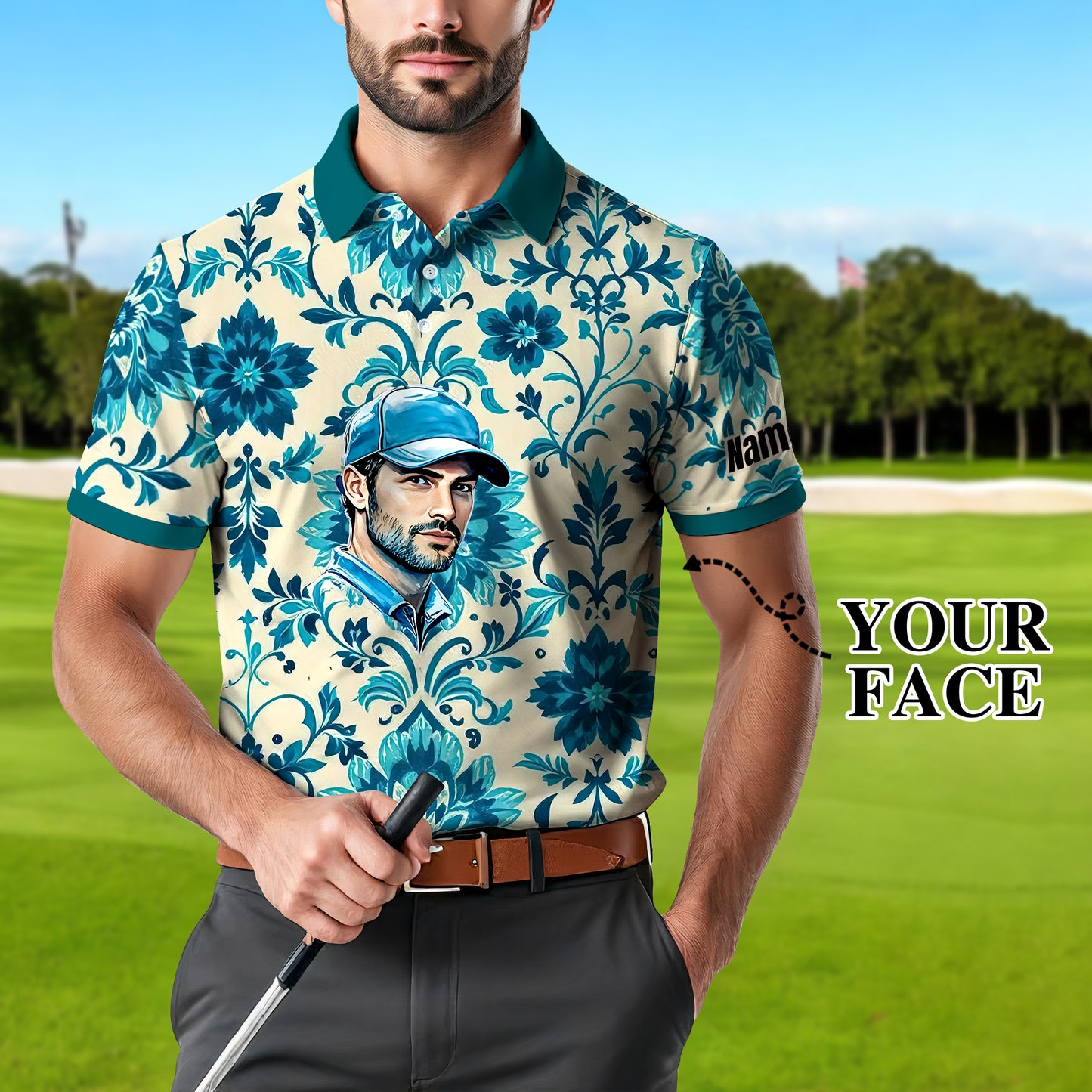Custom Retro Pattern Art Polo Shirt – Personalized Face & Name | Vintage Floral Pattern Collared Shirt for Men Style 2