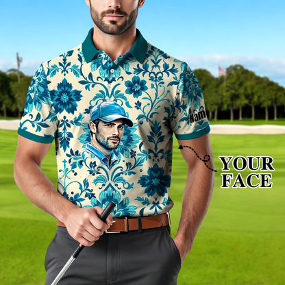 Custom Retro Pattern Art Polo Shirt – Personalized Face & Name | Vintage Floral Pattern Collared Shirt for Men Style 2
