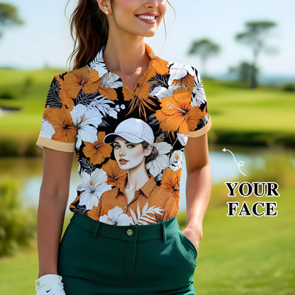 Women’s Custom Face Hibiscus Polo Shirt – Personalized Tropical Floral Polo, Unique Gift for Her, Stylish Custom Golf & Casual Wear Style 5
