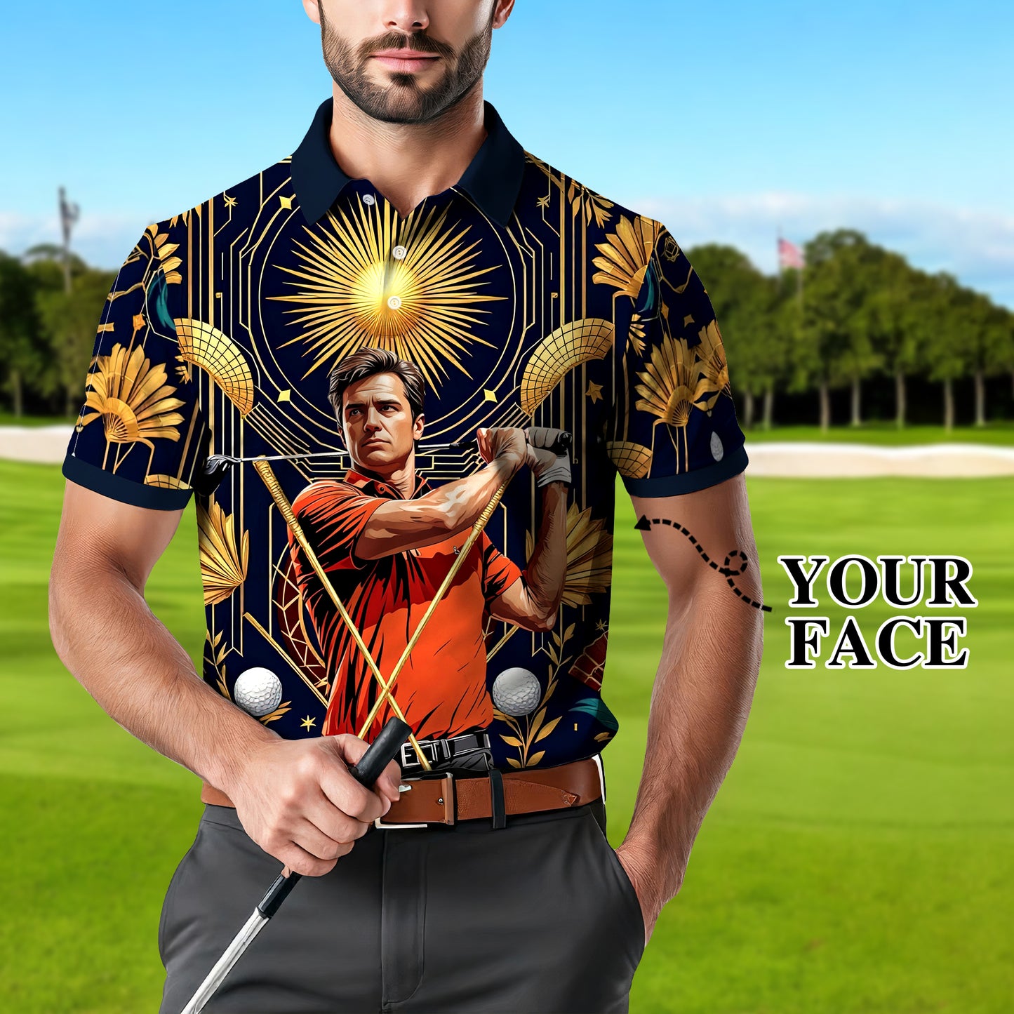 Custom Face Golf Polo Shirt – Swing in Gold Art Deco Revival Style | Personalized Golf Shirt for Men Style 7