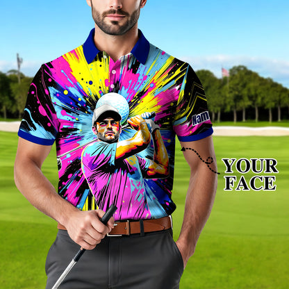 HomyGifts Men's Customized Face Artistic Golf Polo Shirt, Personalized Pop Art Golf Polo, Portrait Gift for Golfers Style 21