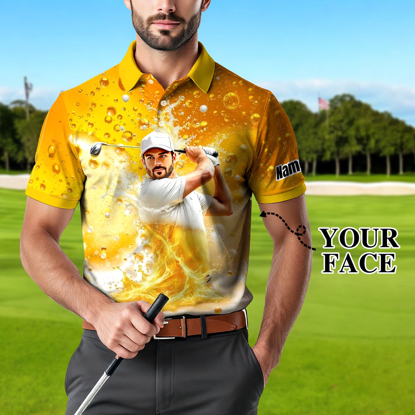 HomyGifts Men's Customized Face Artistic Golf Polo Shirt, Beer pattern Design, Special Gift for Beer & Golf Lovers, Summer Party Outfit, Unique Gift for Men Style 9