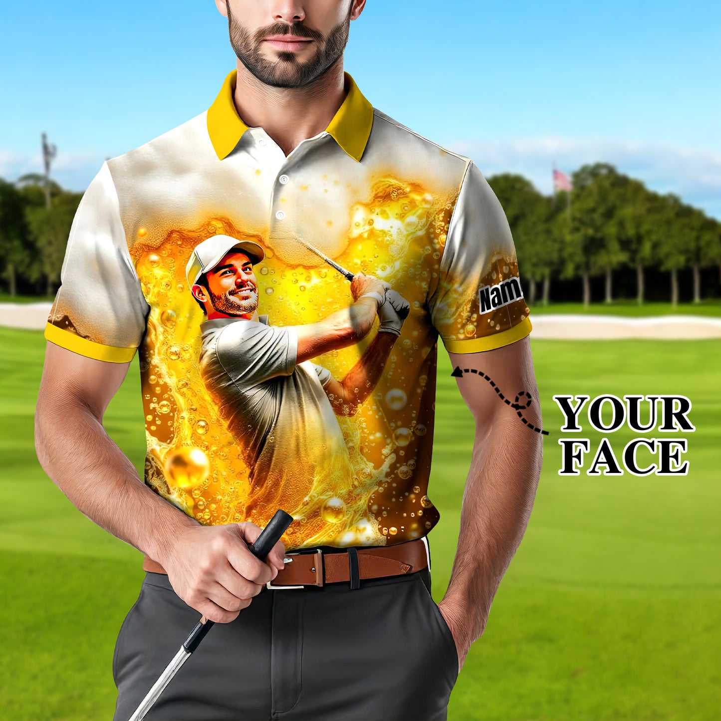HomyGifts Men's Customized Face Artistic Golf Polo Shirt, Beer pattern Design, Special Gift for Beer & Golf Lovers, Summer Party Outfit, Unique Gift for Men Style 15