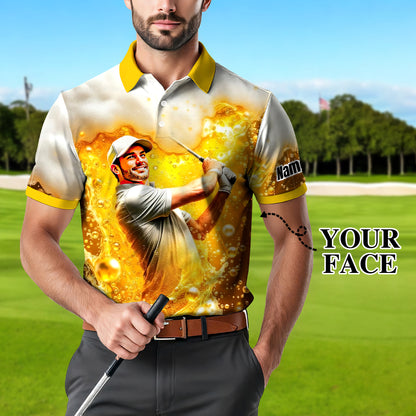 HomyGifts Men's Customized Face Artistic Golf Polo Shirt, Beer pattern Design, Special Gift for Beer & Golf Lovers, Summer Party Outfit, Unique Gift for Men Style 15