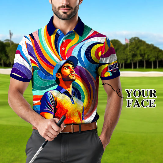 Men's Custom Face Artistic Golf Polo Shirt, Mosaic Art Style, Unique Personalized Golf Polo For Men