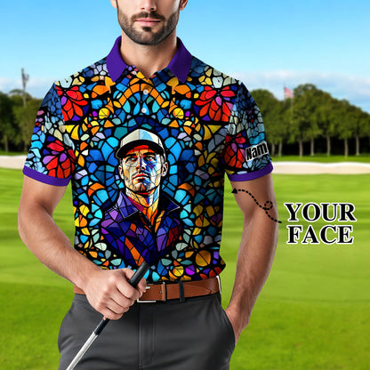 Custom Face Golf Polo Shirt – Personalized Stained Glass Art Shirt, Unique Golf Gift for Him, Colorful Abstract Golf Polo, Custom Sportswear