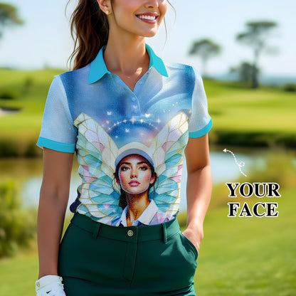 Custom Face Women’s Golf Polo Shirt – Spring Butterfly Mirage Art | Personalized Floral Fantasy Sports Shirt for Golfers Style 4