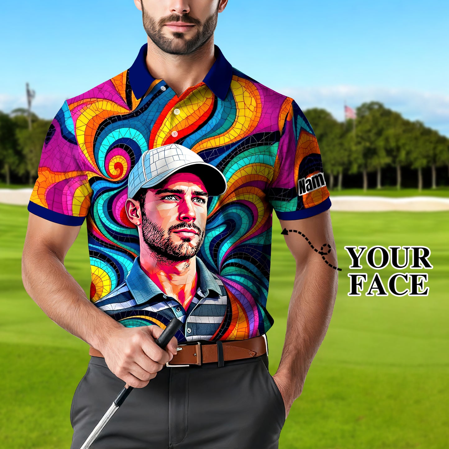 Personalized Mosaic Portrait Polo — Custom Face Mosaic Art Style Shirt Style 3