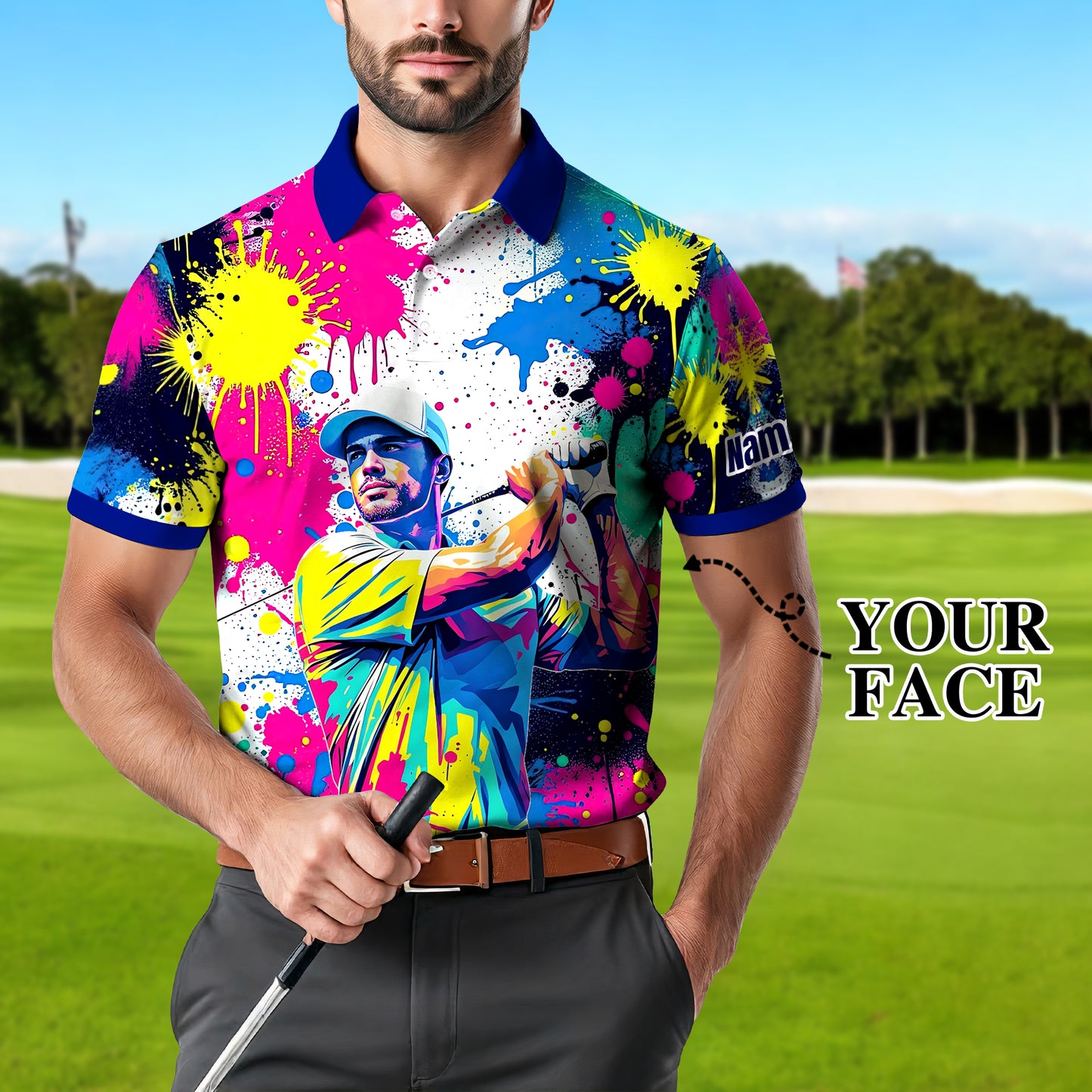 HomyGifts Men's Customized Face Artistic Golf Polo Shirt, Personalized Pop Art Golf Polo, Portrait Gift for Golfers Style 16
