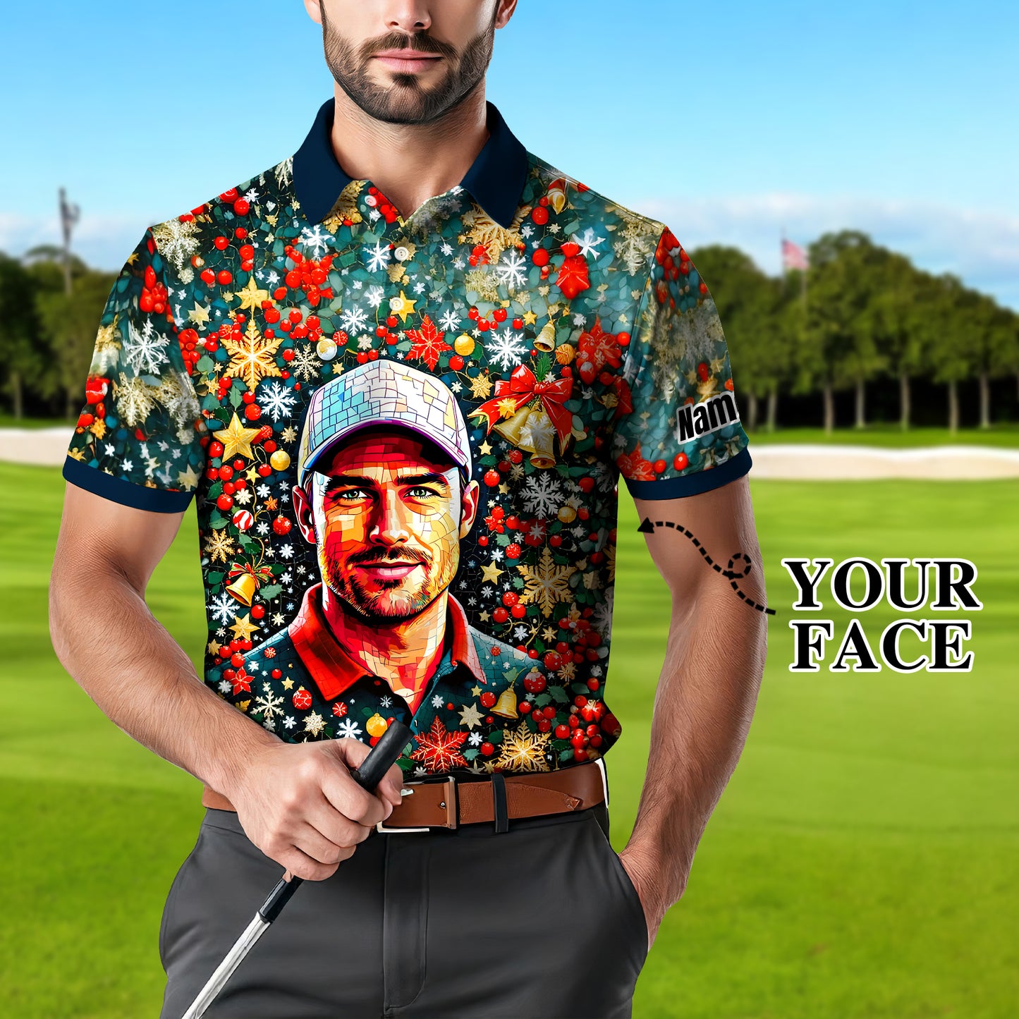 Personalized Christmas Golf Polo Shirt with Your Face – Custom Photo Holiday Shirt – Unique Mosaic Art Xmas Gift for Men, Custom Golf Apparel Style 8
