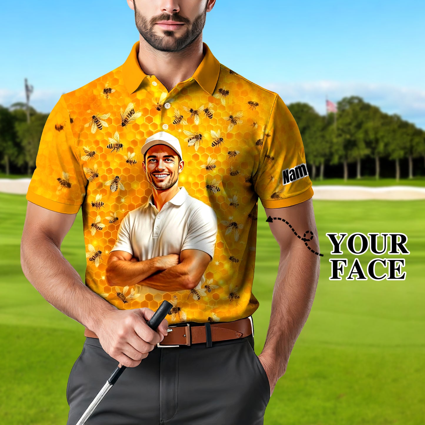 HomyGifts Men's Customized Face Artistic Golf Polo Shirt, Personalized Bee & Honeycomb Polo Shirt with Face, Funny Honey Lover Outfit, Summer Polo for Men Style 1