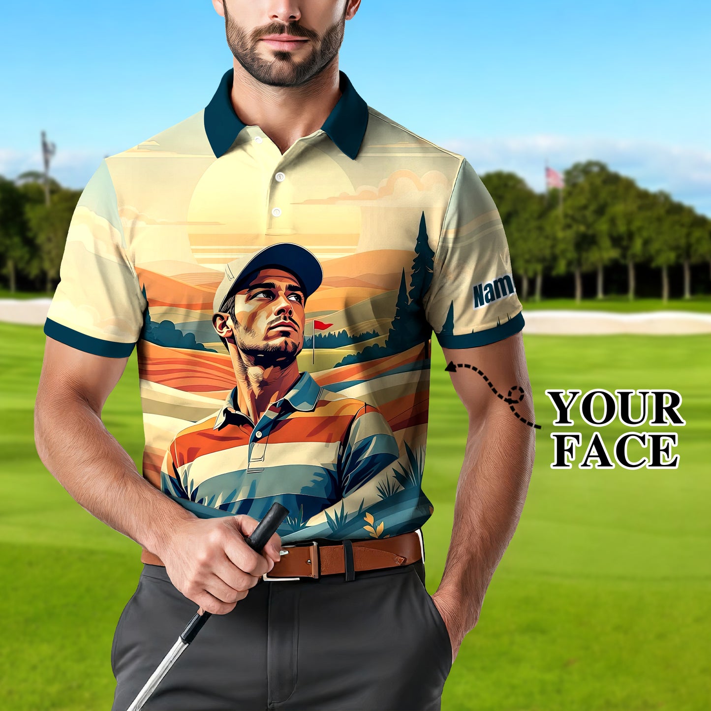 Custom Vintage Americana Golf Polo with Your Face - Retro Personalized Gift for Men Style 1
