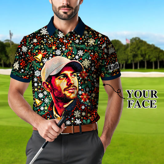 Personalized Christmas Golf Polo Shirt with Your Face – Custom Photo Holiday Shirt – Unique Mosaic Art Xmas Gift for Men, Custom Golf Apparel Style 6