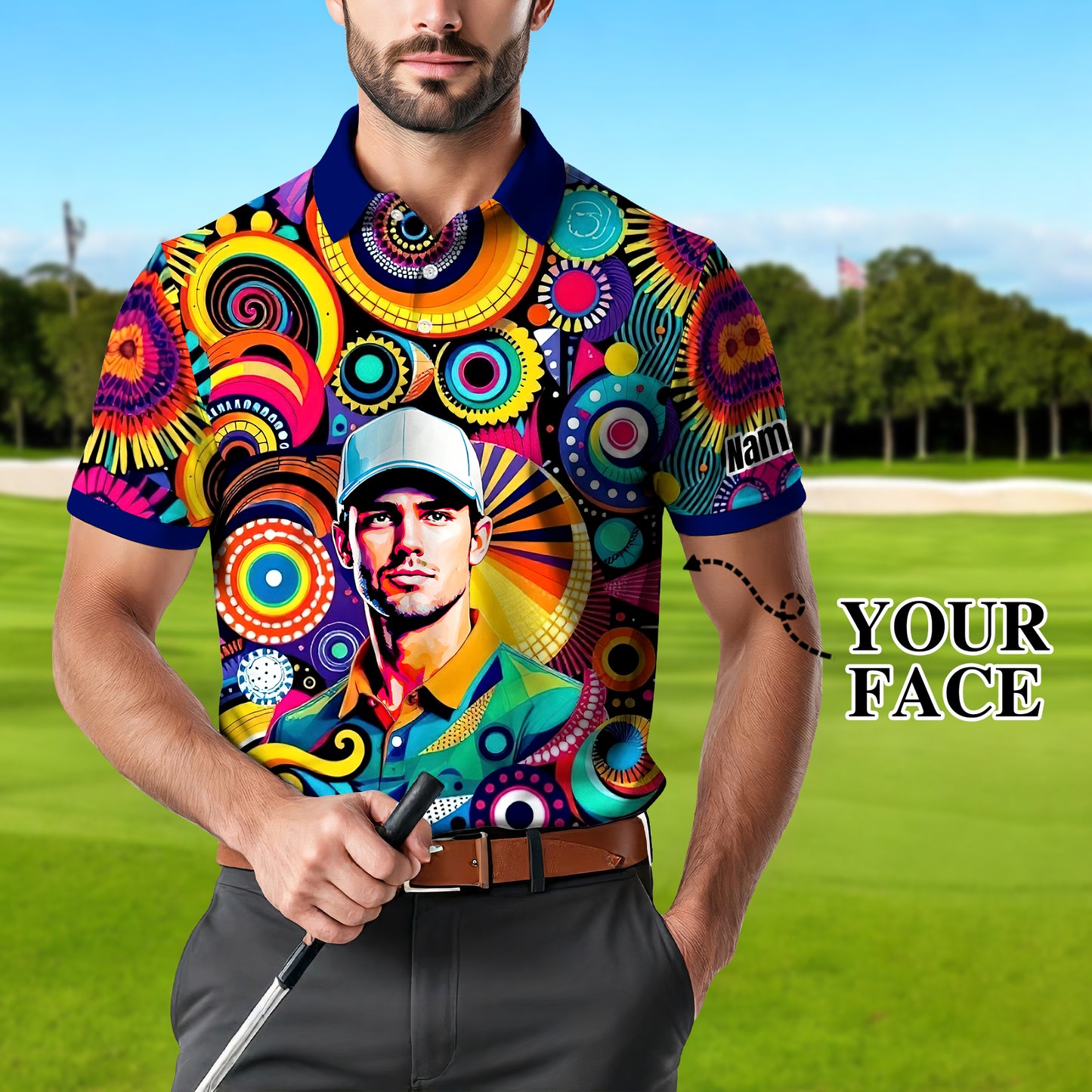 HomyGifts Custom Face Polo Shirt – Personalized Abstract Geometric Art Photo Shirt, Unique Gift for Him & Her