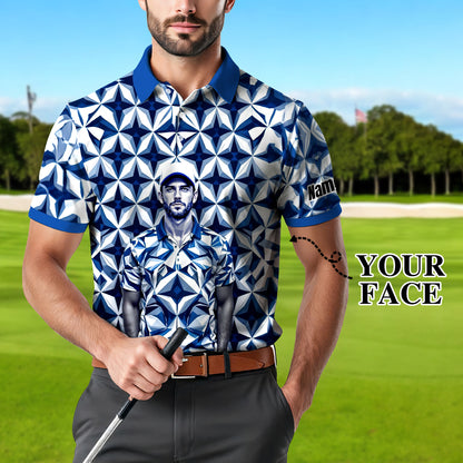 Custom Face Polo Shirt – Geometric Diamond Pattern | Personalized Photo Golf Polo | Unique Gift for Him, Retro Geometric Style Shirt Style 17