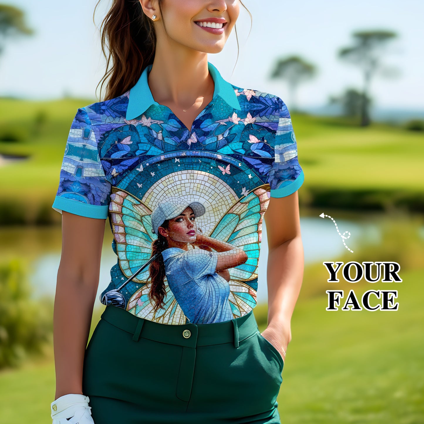 Custom Face Women’s Golf Polo Shirt – Spring Butterfly Mirage Art | Personalized Floral Fantasy Sports Shirt for Golfers Style 11