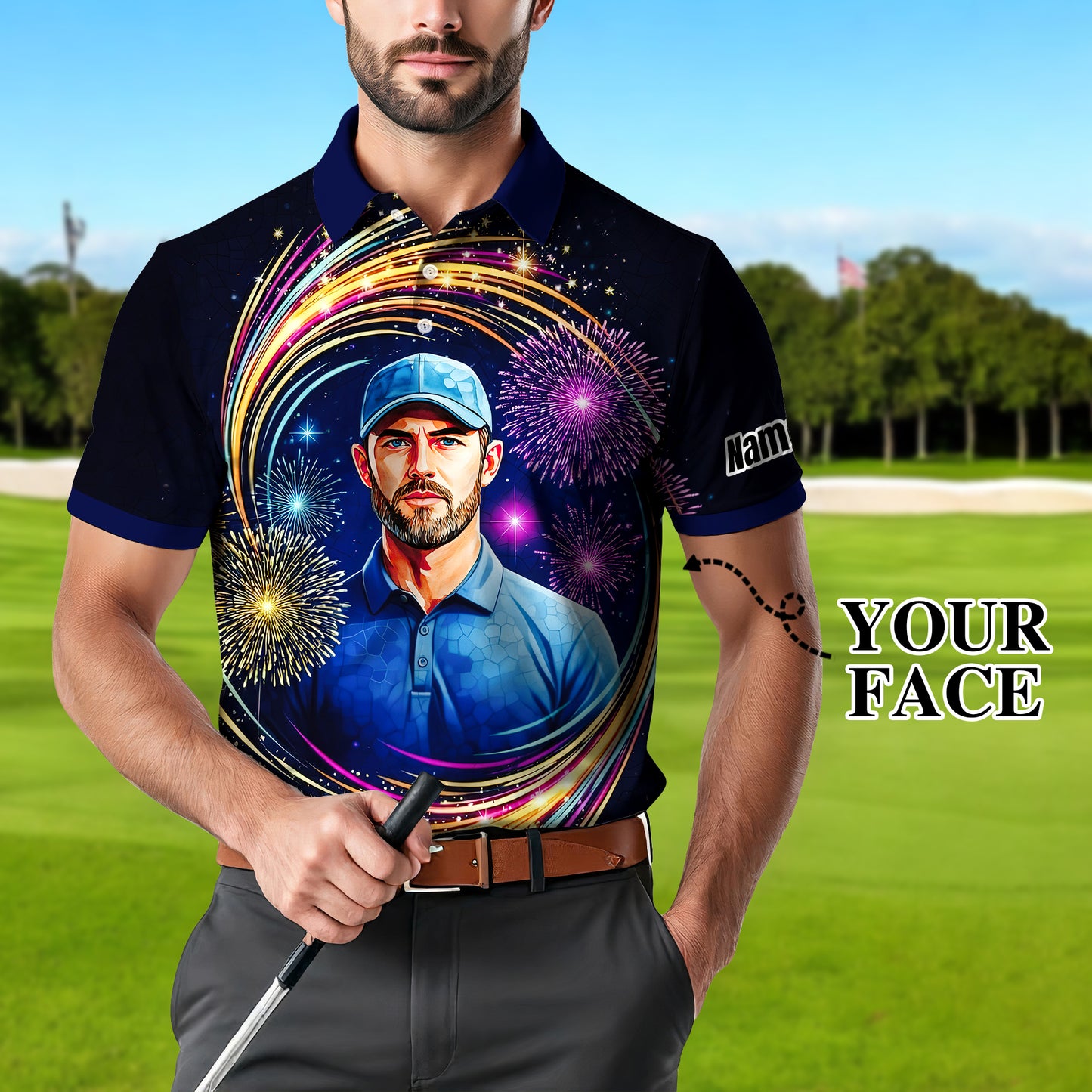 Custom Face Golf Polo Shirt – New Year Fireworks Edition | Personalized Golf Polo | Unique Holiday Gift for Him 2025 Style 1