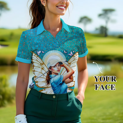 Custom Face Women’s Golf Polo Shirt – Spring Butterfly Mirage Art | Personalized Floral Fantasy Sports Shirt for Golfers Style 5