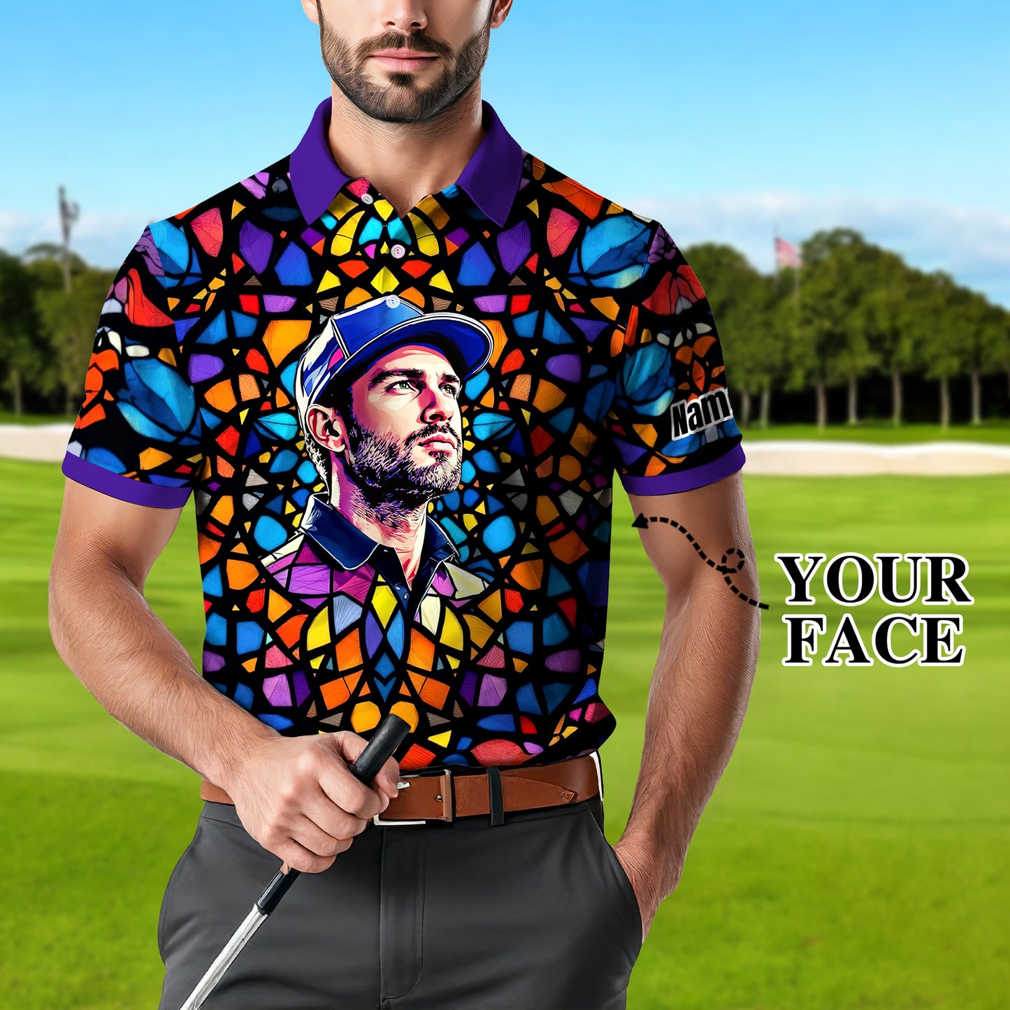 Custom Face Golf Polo Shirt – Personalized Stained Glass Art Shirt, Unique Golf Gift for Him, Colorful Abstract Golf Polo, Custom Sportswear