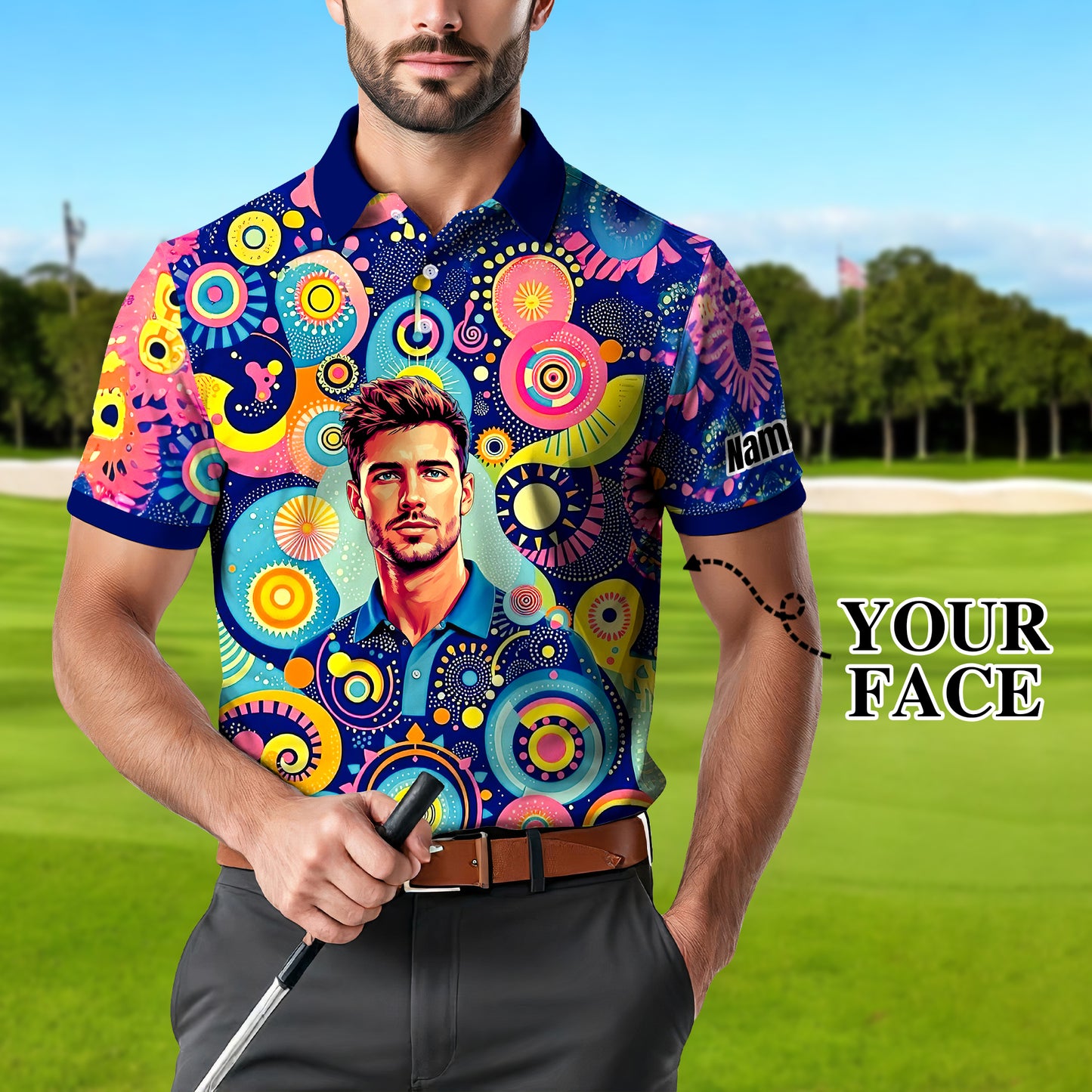 HomyGifts Custom Face Polo Shirt – Personalized Abstract Geometric Art Photo Shirt, Unique Gift for Him & Her