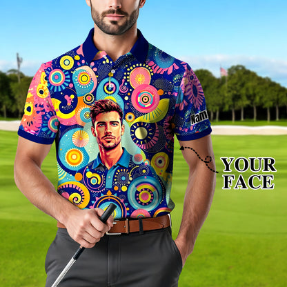 HomyGifts Custom Face Polo Shirt – Personalized Abstract Geometric Art Photo Shirt, Unique Gift for Him & Her