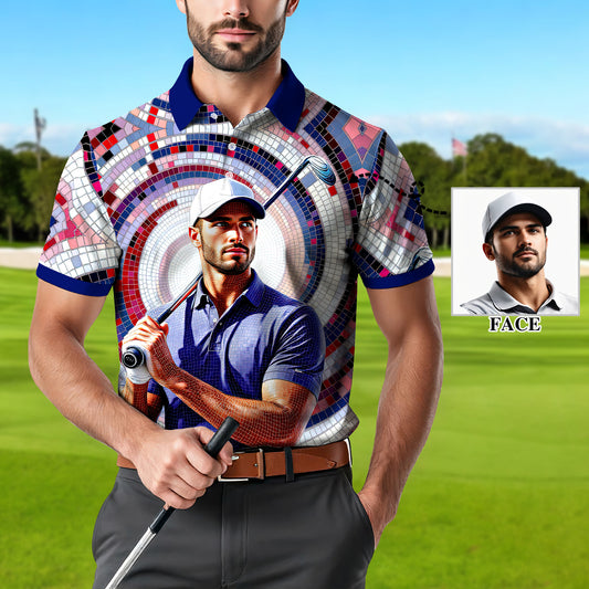 Men's Custom Face Artistic Golf Polo Shirt, Mosaic Art Style, Unique Personalized Golf Polo For Men