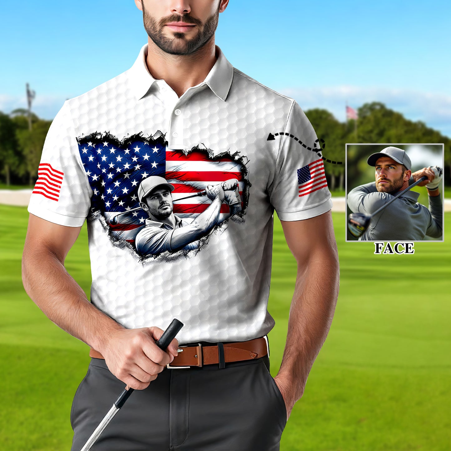 HomyGifts Men's Customized Face Artistic Golf Polo Shirt, Personalized American Flag Design, Unique Gift for Patriotic Golfers Style 9