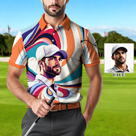 Men's Custom Face Artistic Golf Polo Shirt, Mosaic Art Style, Unique Personalized Golf Polo For Men