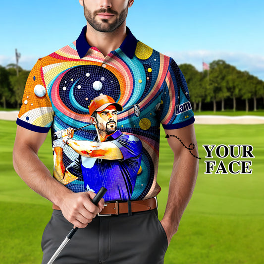 Men's Custom Face Artistic Golf Polo Shirt, Mosaic Art Style, Unique Personalized Golf Polo For Men