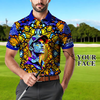 Custom Face Golf Polo Shirt – Personalized Stained Glass Mandala Style Polo, Unique Gift for Men & Women, Vibrant Artistic Golf Shirt, Custom Photo Polo