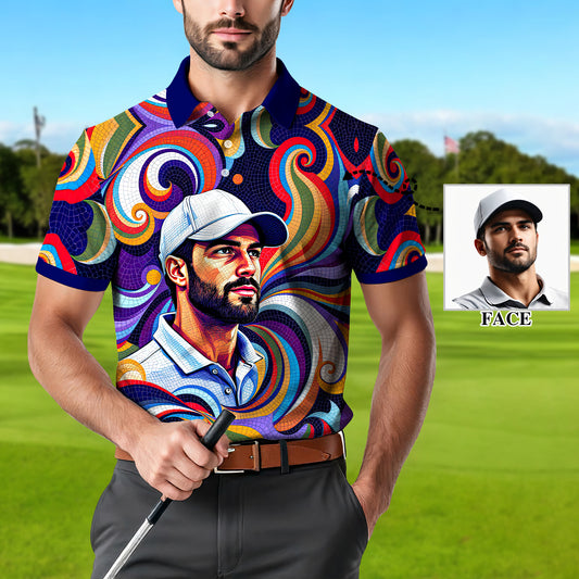 Men's Custom Face Artistic Golf Polo Shirt, Mosaic Art Style, Unique Personalized Golf Polo For Men