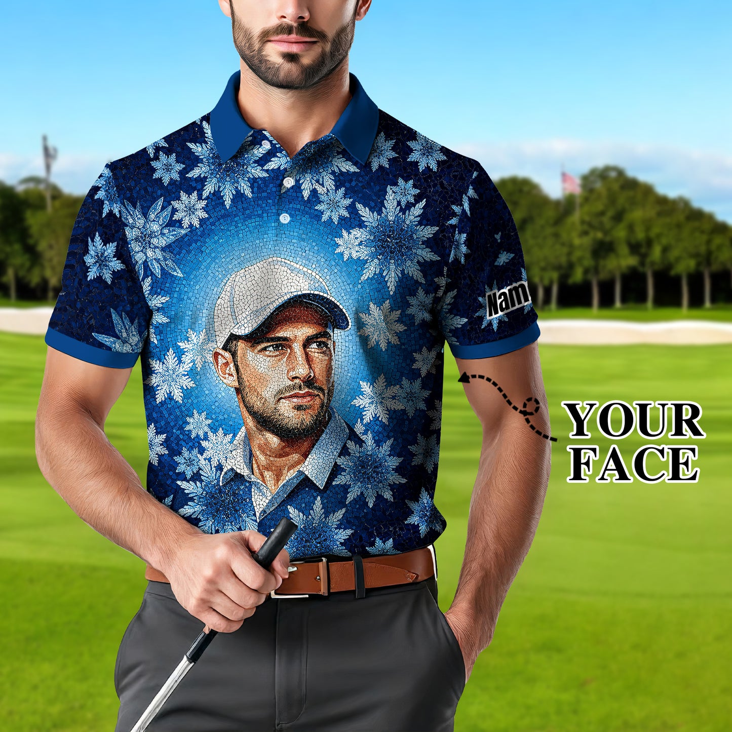 Custom Face Golf Polo Shirt – Personalized Christmas Golf Shirt for Him, Unique Holiday Gift for Golfer, Snowflake Design Golf Apparel Style 10
