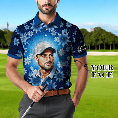 Custom Face Golf Polo Shirt – Personalized Christmas Golf Shirt for Him, Unique Holiday Gift for Golfer, Snowflake Design Golf Apparel Style 10