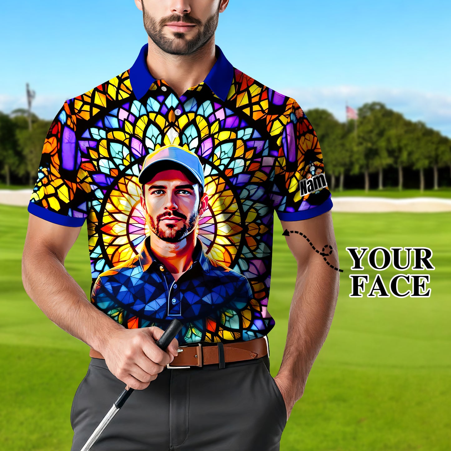 Custom Face Golf Polo Shirt – Personalized Stained Glass Mandala Style Polo, Unique Gift for Men & Women, Vibrant Artistic Golf Shirt, Custom Photo Polo