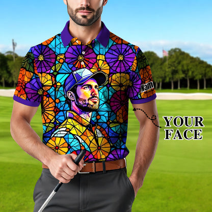 Custom Face Golf Polo Shirt – Personalized Stained Glass Art Shirt, Unique Golf Gift for Him, Colorful Abstract Golf Polo, Custom Sportswear