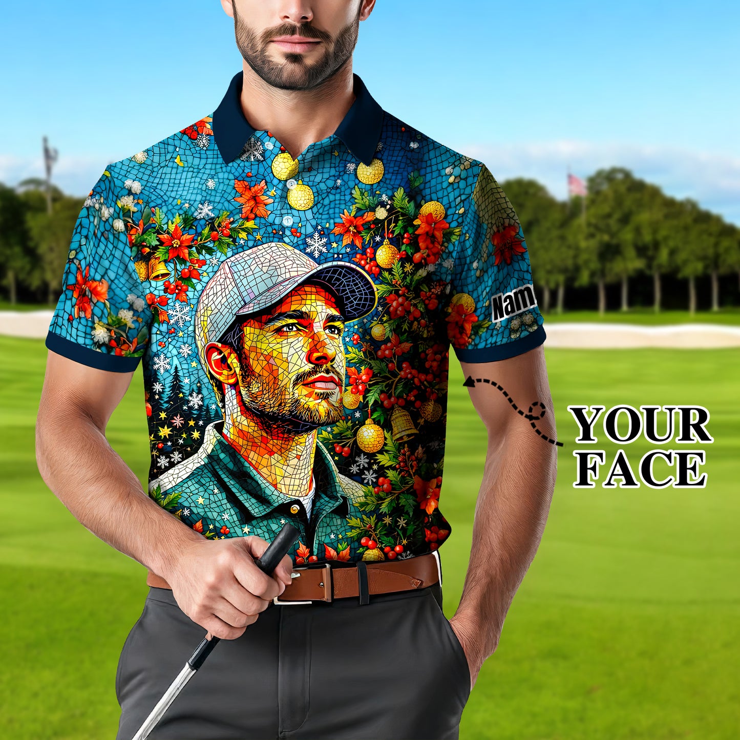 Personalized Christmas Golf Polo Shirt with Your Face – Custom Photo Holiday Shirt – Unique Mosaic Art Xmas Gift for Men, Custom Golf Apparel Style 3