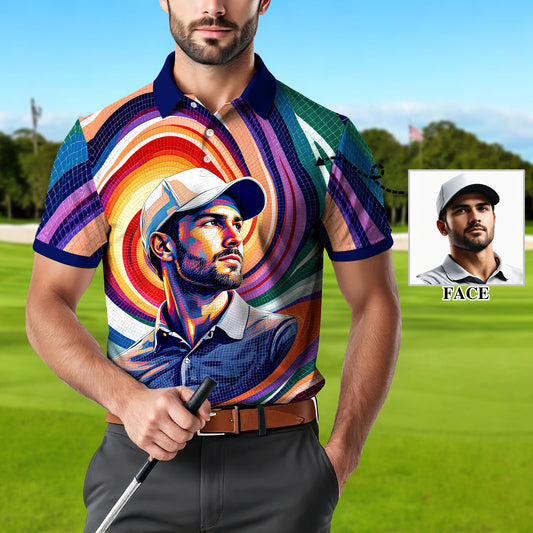 Men's Custom Face Artistic Golf Polo Shirt, Mosaic Art Style, Unique Personalized Golf Polo For Men