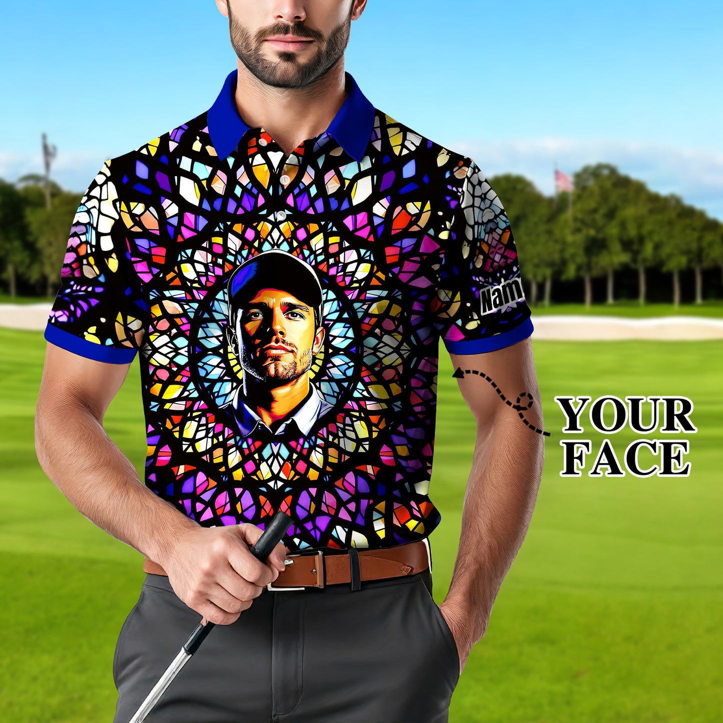 Custom Face Golf Polo Shirt – Personalized Stained Glass Mandala Style Polo, Unique Gift for Men & Women, Vibrant Artistic Golf Shirt, Custom Photo Polo
